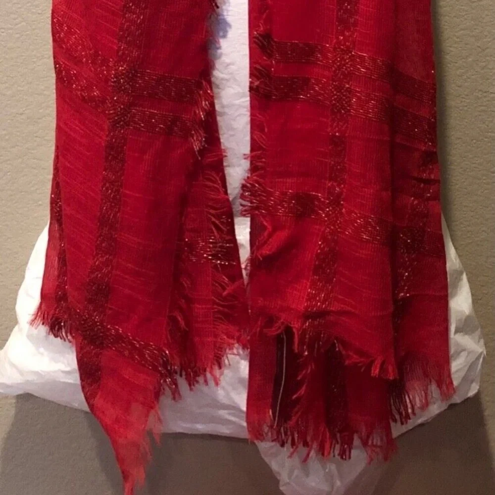 (NWT) Cejon Women's Red Lurex Check Scarf/Wrap ONE SIZE
